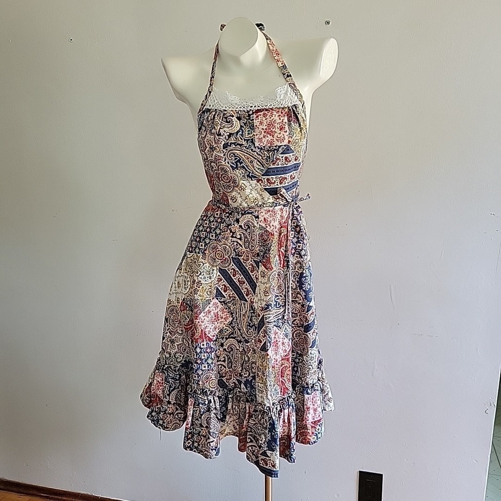 Vintage Handmade‎ Halter Wrap Apron Dress Multicolor Bandana Patchwork Cottage